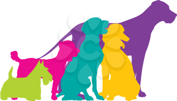 A group of five dogs, a Scottie, Mixed, German Pointer, Poodle and Great Dane are silhouetted in a variety of bright colours.