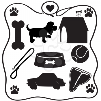 Assoted silhouettes of the things dogs love - a bone,food,steak,cars etc