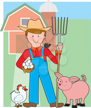A smiling farmer stands in his barnyard with a pitch fork in his hand and his happy farm animals all around.