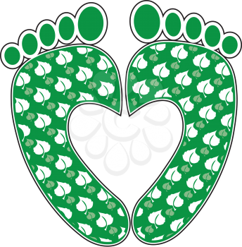 A pair of green footprints with a leafy pattern making the shape of a heart