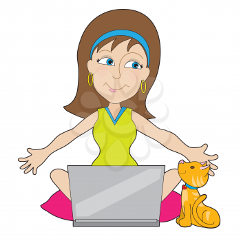 A young woman is happy about something onher laptop - there is a cat sitting beside her who is also happy.