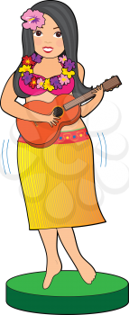 A Hula girl in a skirt with a Hibiscus in her hair, strums her guitar while her hips appear to be in motion. 