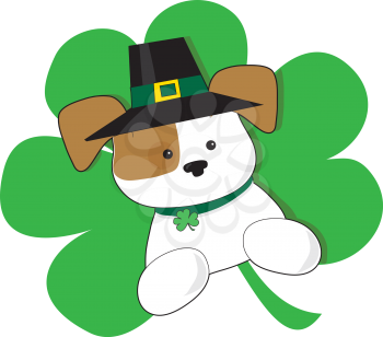 A cute puppy with Irish top hat is superimposed on a green shamrock in celebration of St Patricks day.