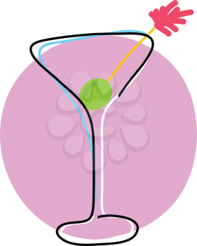 A stylized outline of a Martini glass with an olive on a swizzle stick, and a dash of colour for flair.
