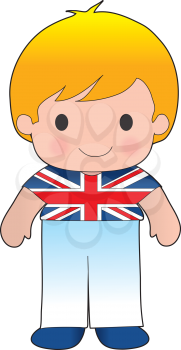 A smiling, well dressed young lad wears clothing representative of Britain.