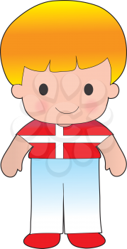 A smiling, well dressed young lad wears clothing representative of Denmark.