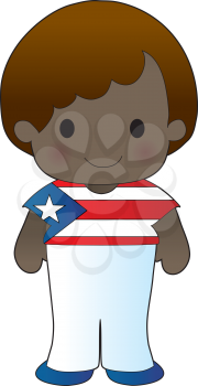 A smiling, well dressed young lad wears clothing representative of Puerto Rico.