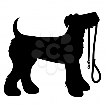 A cartoon black silhouette of an Airedale Terrier with a leash in its mouth