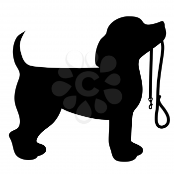 A cartoon black silhouette of a Beagle with a leash in its mouth