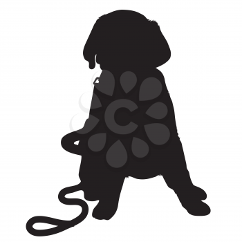 A black silhouette of a Labrador Retriever puppy with a leash by its side