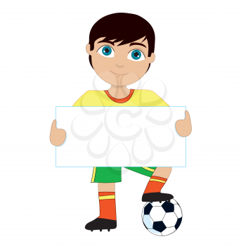 A young boy holding a sign and with one foot on a soccer ball.  Change the colors to suit your team