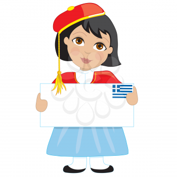 A young girl dressed in a traditional Greek costume is holding a blank sign with a Greek flag in the top right hand corner. Text can be added to suit a project