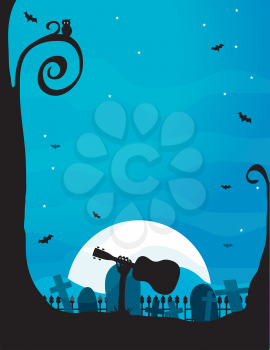 A silhouette of a spooky hand holding a ukulele is emerging from a grave in a cemetary - the moon is bright and there is an owl in the tree