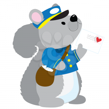 A cute little squirrel dressed like a postman is delivering a letter with a heart stamp