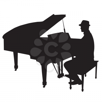 A black silhouette of a man sitting at a grand piano. He is wearing a hat like a jazz musician