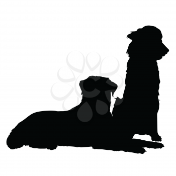 A silhouette of a pair of dogs. One is lying down and the other is sitting