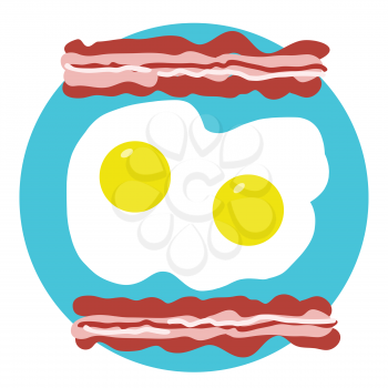A stylized design of bacon and eggs on a turquoise circle background