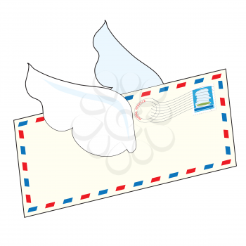 An airmail letter with wings is flying through the air
