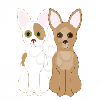 A pair of Chihuahuas sitting next to each other. One is a fawn and the other a red and white