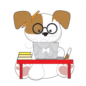 An adorable puupy is sitting at a laptop wearing glasses and has a pencil by his ear
