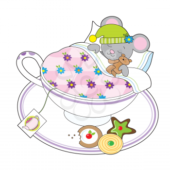 A little grey mouse and his teddy bear are asleep in a teacup. 
