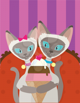 A pair of Siamese Cats are enjoying an ice cream cone together