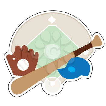 A  baseball diamond,baseball bat,baseball cap and baseball mit on a background featuring a baseball diamond
