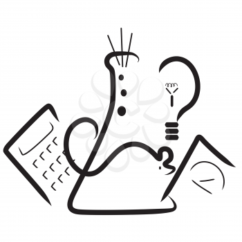 A stylized logo with elements for a science fair. A beaker, a mouse,a calculator, a light bulb and a scale 