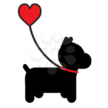 A silhouette of a little black dog on a leash that has a heart for a handle
