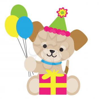 A cute little brown puppy is holding three balloons. He’s sitting with a present in front of him and a party hat on his head