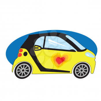 A yellow sub compact style car with a red heart on the door 