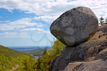 View of giant boulder in Acadia National Park, Atlantic Coast of Maine.