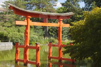 Japanese Garden and pond with a red Zen Tower.