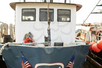 Detail of commercial fishing boat equipment at the dock.
