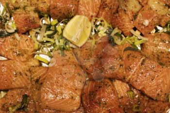Marinated salmon salad, close-up view.