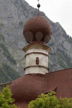 Konigsee, Germany-May 29, 2016: View of St. Bartholomew church in Bavarian Alps.