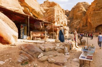 Petra, Jordan- March 16, 2017: Views of the Lost City of Petra in the Jordanian desert, one of the Seven Wonders of the World.
