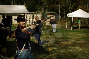Coventry,RI,USA-October 28, 2017: Unknown local residents participating in a Civil War Era encampment and skirmish re-enactments.