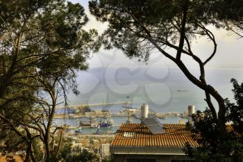 Haifa, Israel-March 13, 2017: Street view of the Mediterranean Port of Haifa in Israel from the top of Mount Carmel.
