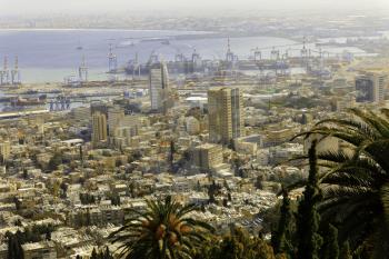 Haifa, Israel-March 13, 2017: Street view of the Mediterranean Port of Haifa in Israel from the top of Mount Carmel.