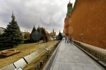 Moscow, Russia- April 19 2015: Views of burials and Mausoleum at The Kremlin Wall Necropolis. It was designated a protected Landmark in 1974.