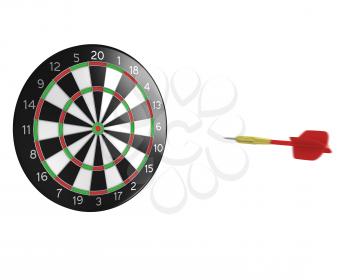 Royalty Free Clipart Image of a Dart Coming to a Dartboard