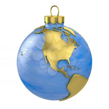 Christmas ball shaped as globe or planet isolated on white background, North America part