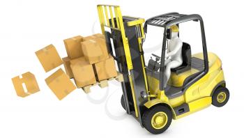 Overloaded yellow fork lift truck falling forward, isolated on white background