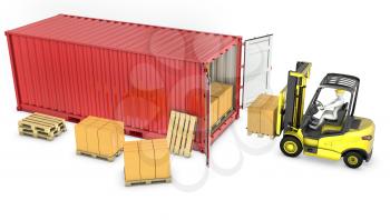 Yellow fork lift truck unloads red container, isolated on white background