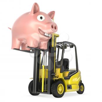 Fork lift truck lifts up coin bank, isolated on white background