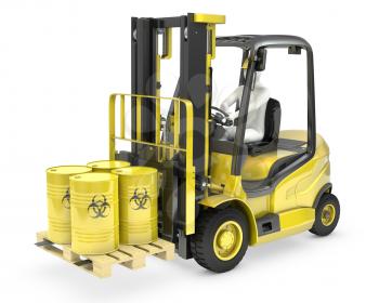 Fork lift truck with biohazard barrels, isolated on white background