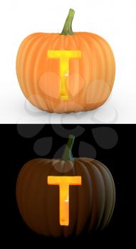 T letter carved on pumpkin jack lantern isolated on and white background