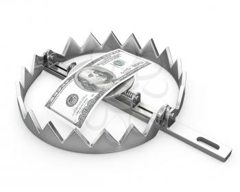 100 dollars in a bear trap, isolated on white background