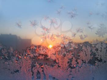 frosty natural pattern and sun on winter window